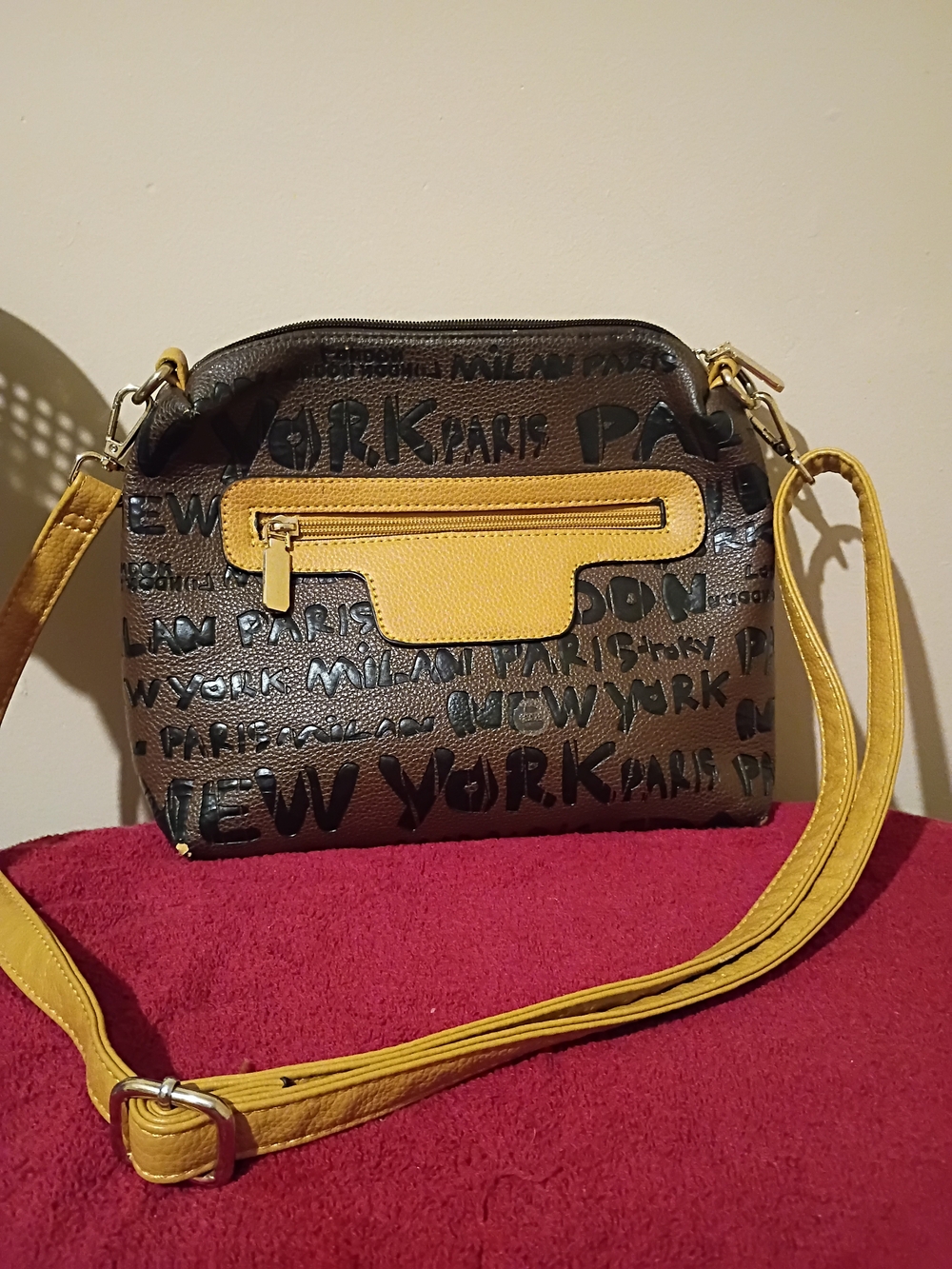 NY Collection Yellow and Brown Graffiti Crossbody Bag